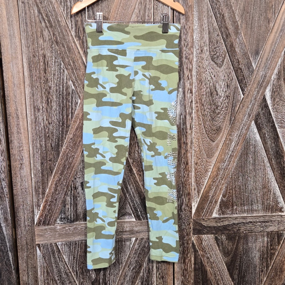 Justice Girls Camouflage Leggings Size 8 Rhinestone LOVE Detail Green Blue